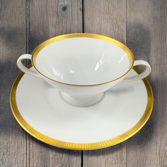 Rosenthal Germany White Gold Band Black Lines Double Handle Cup Saucer Set - Picture 1 of 16